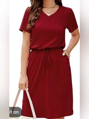 NWT Huskary Everyday V-Neck Drawstring Midi Dress - Burgundy